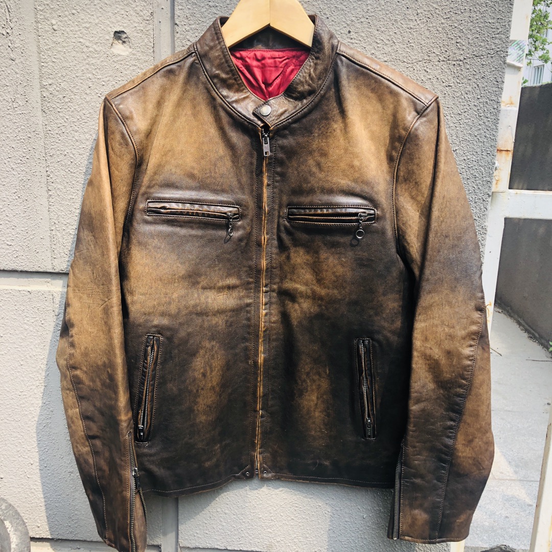定制款男士J100经典皮衣牛皮复古美式皮夹克立领短款机车夹克外套
