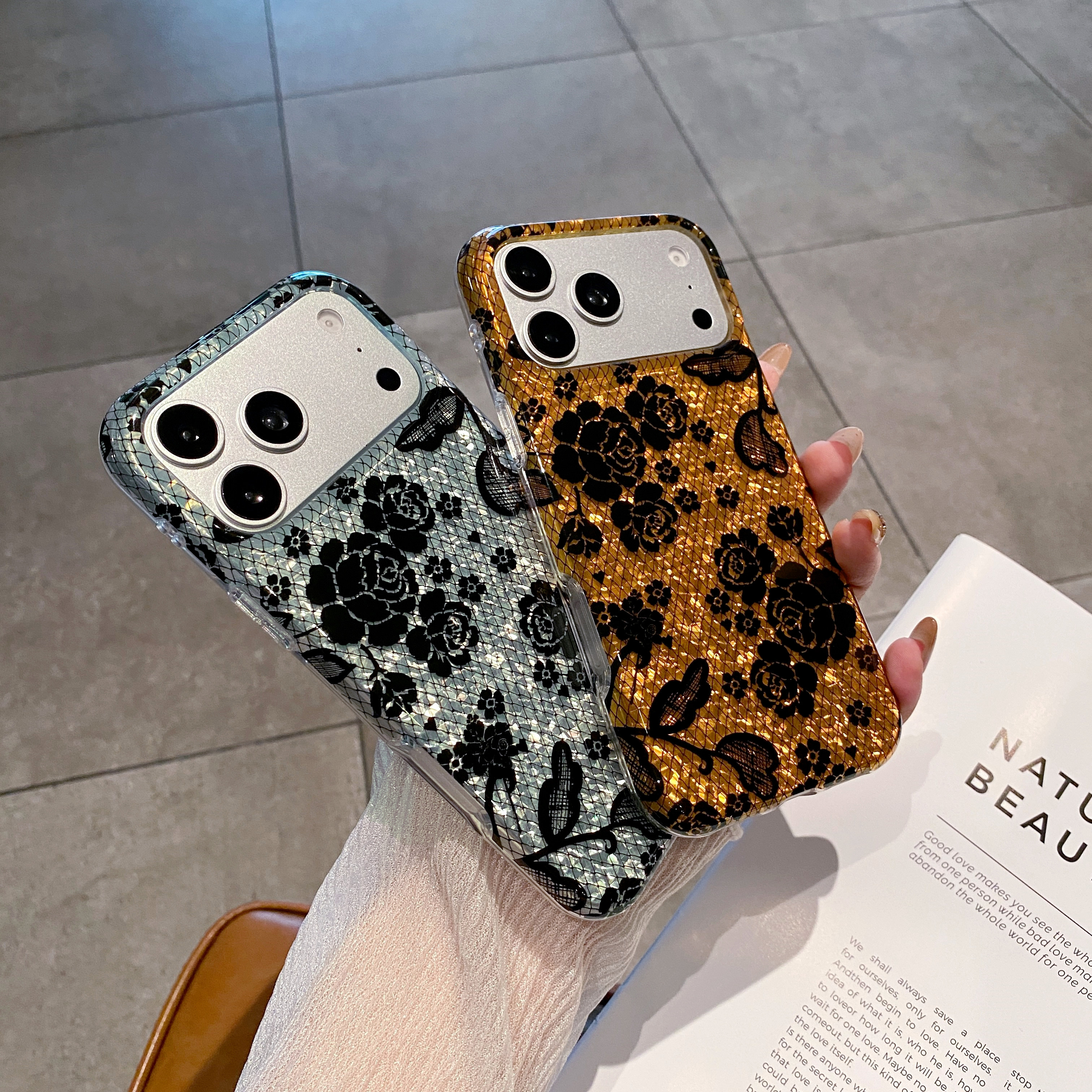 复古蕾丝黑玫瑰闪粉手机壳适用 iPhone16promax 苹果 15 全包 14pro 防摔 13 小众女