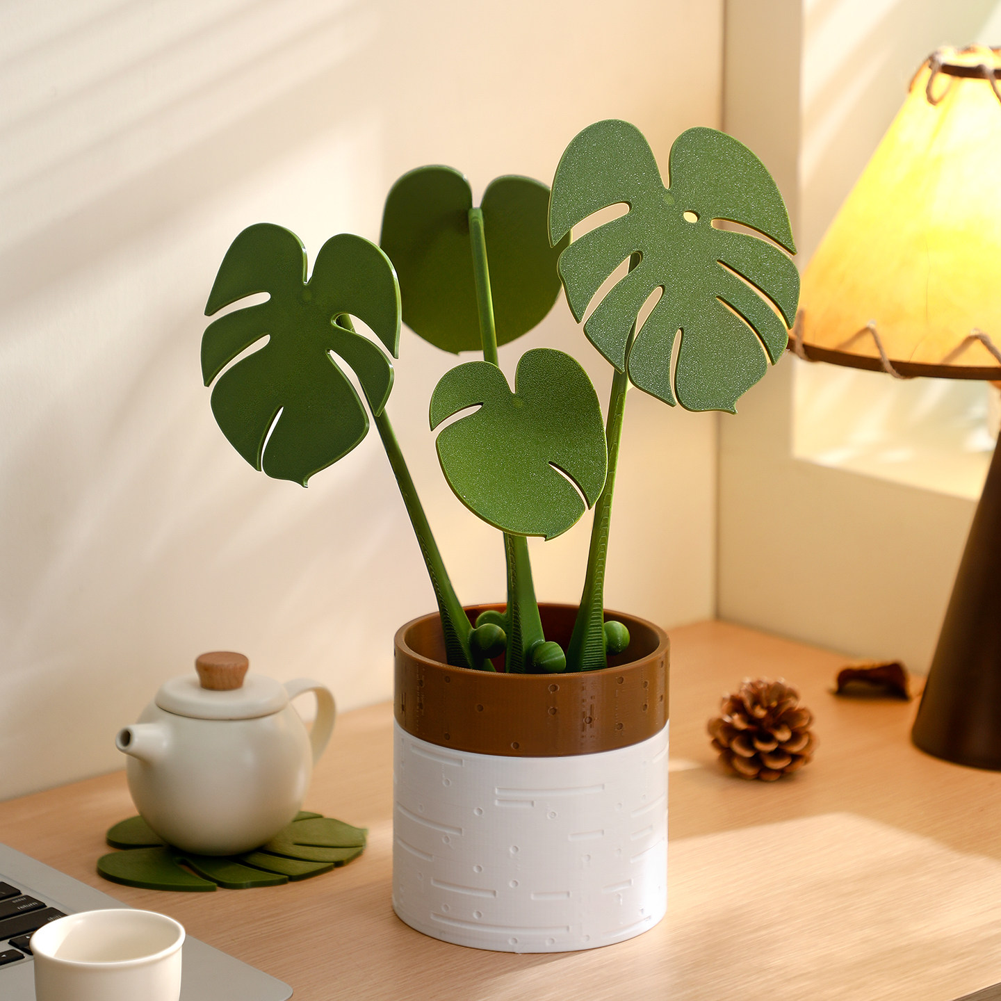 龟背芋杯垫创意餐桌摆件彷真绿色植物植物盆栽磁吸隔热垫树叶子防
