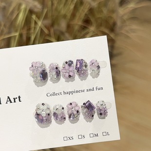 手工穿戴甲高端紫色繁花朵满钻短款美甲片显白爆闪奢华假指甲贴片