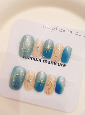 复古奢华星月神话显白纯手工穿戴甲爆闪贴钻美甲贴片短款高级感