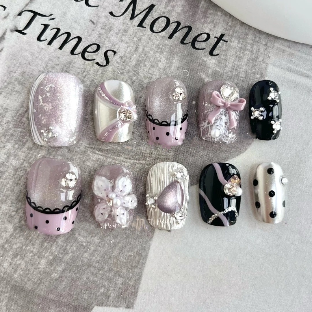 纯手工穿戴甲猫眼波点蝴蝶结