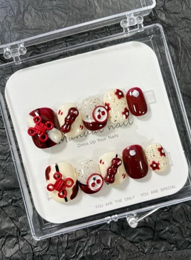 纯手工制作可爱卡通少女新年贺岁平安短圆穿戴美甲贴片可拆卸A387