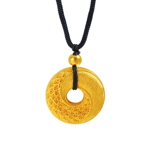 老庙黄金足金999古法花丝凤羽平安扣黑绳带金珠挂坠平安