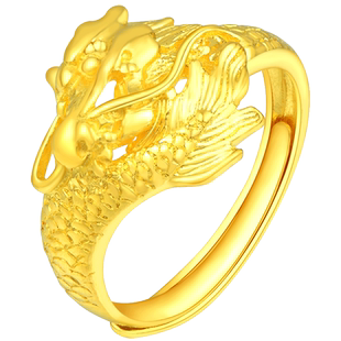 老庙黄金龙凤足金对戒可调节情侣款戒指套戒结婚送礼男女官方正品