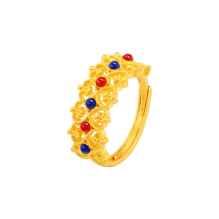 老庙黄金足金999古法花丝蕾丝皇冠红蓝鎏彩活口戒指复古官方正品