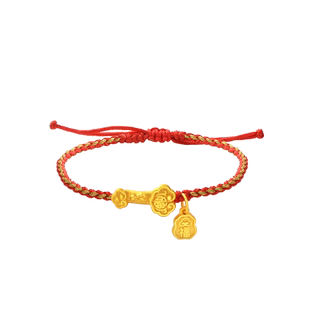 老庙黄金足金3D硬金福禄如意本命年红手绳男女情侣福牌