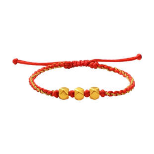 老庙黄金足金海豚金5D硬金六角珠本命年红手绳男女款情侣礼物官方