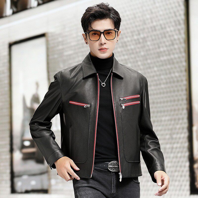 海宁机车风真皮皮衣男短款翻领修身皮夹克潮流时尚2026年春秋新款
