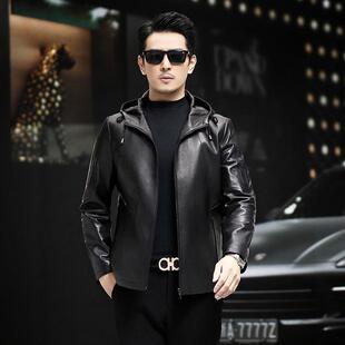 皮衣外套男高级感夹克潮流帅气2026新款男皮衣绵羊皮连帽羽绒内胆