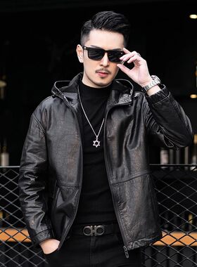 连帽皮衣外套男头层牛皮真皮秋冬季2026新款百搭可拆卸潮休闲高端