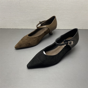 羊绒一字带细跟中跟里外全皮女单鞋 春季 2025新款 品牌撤柜真皮女鞋
