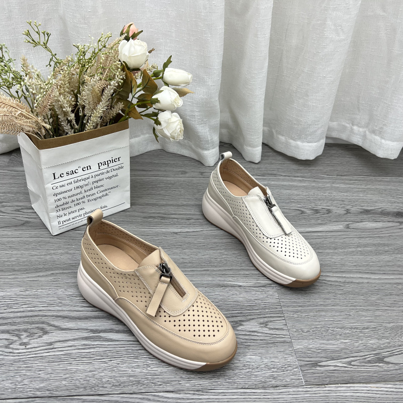 牛皮圆头松糕底镂空女单鞋