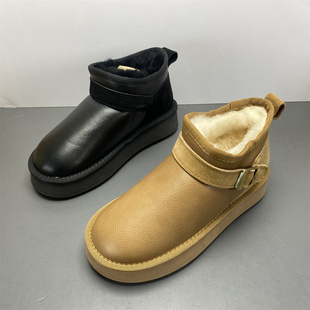 品牌断码真皮靴子女2025新款冬款牛皮圆头平底羊毛保暖雪地靴短靴