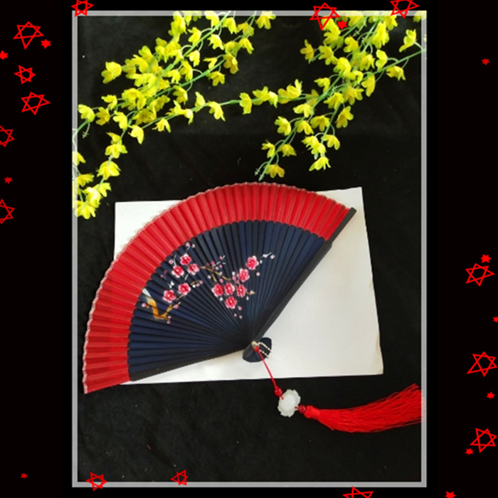 包邮古典真丝竹骨青花瓷莲花书简舞梅花红色布舞蹈女礼品折扇子