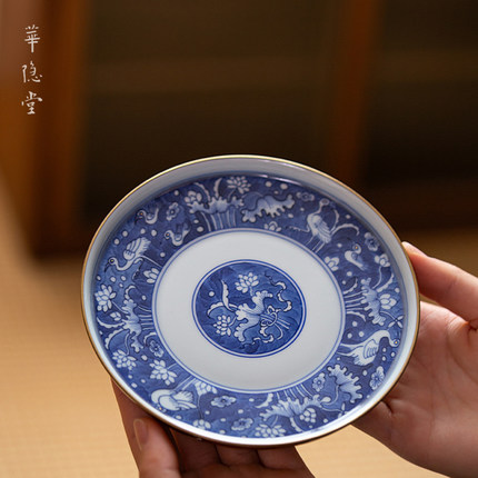 华隐堂官方｜景德镇手工手绘红金花青花一鹭莲科壶承 中国风家用