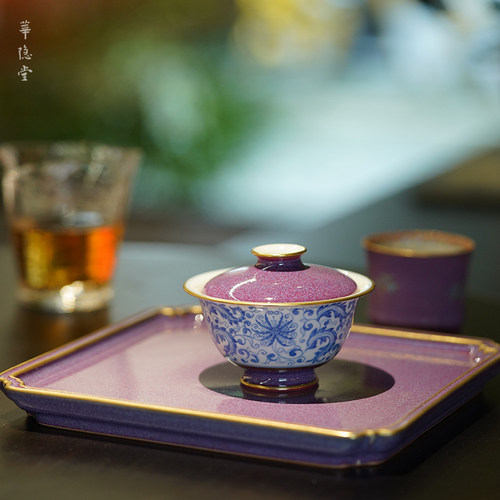 华隐堂官方｜紫钧青花宝相凤尾花盖碗岩茶功夫泡茶具器手工手绘