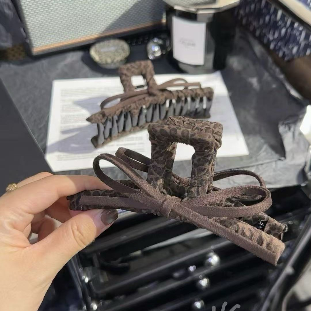 高级感复古豹纹小众港风抓夹皮质蝴蝶结洋气抓夹发箍气质发卡发饰