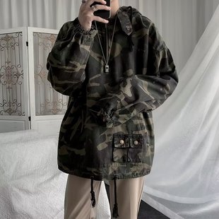 迷彩连帽工装 复古冲锋衣外套男潮牌春季 卫衣上衣2024 美式 2025新款