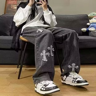 新款 2025新款 女秋季 vibe高街十字架刺绣灰色牛仔裤 水洗做旧 美式