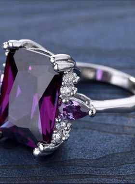 2025新款华杰  跨境热销饰品个性紫色长方锆石镶嵌水滴锆女式戒指