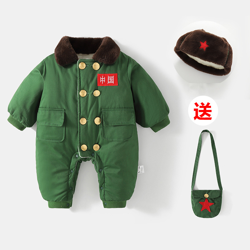 2025新款婴儿衣服冬装加绒保暖军装满月宝宝小红军连体棉衣周岁