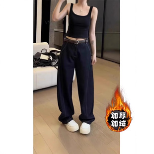 阔腿牛仔裤 直筒裤 子女2024冬季 大码 遮肉 加绒加厚拖地裤 2025新款