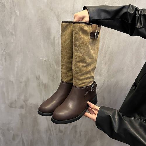 2025新款法式复古西部靴女2024新款绒面高筒靴骑士靴皮带扣拼色