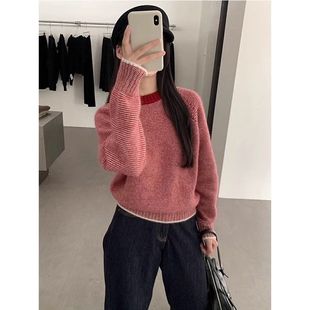 百搭圆领 毛衣温柔气质时尚 2025新款 辣妹软糯撞色条纹别致针织衫