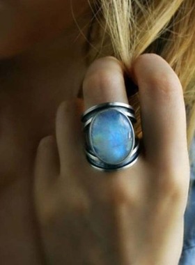 2025新款华杰wish新款镶嵌七彩月光石戒指欧美夸张仿泰银复古滴胶