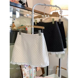 2025新款 2025 高腰波点包臀裙A字裙甜美风蕾丝拼接半身裙短裙女装