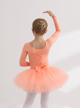 2025新款儿童舞蹈服秋冬长袖橙色女童练功服纯棉小女孩考级跳舞衣