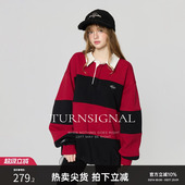 TurnSignal时尚 翻领条纹拼接卫衣女加绒加厚冬休闲宽松套头polo领