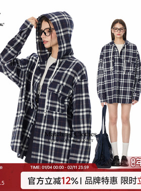 TurnSignal连帽条纹格子衬衫外套女2025新款休闲宽松长袖衬衣上衣