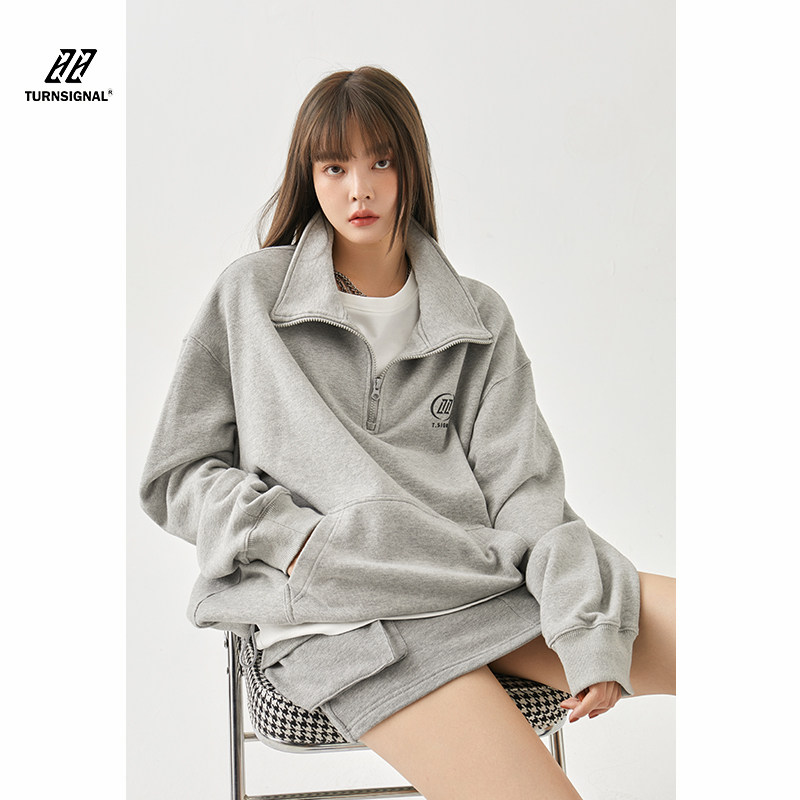 TurnSignal潮牌polo领卫衣女春季套头宽松立领半拉链卫衣外套春秋