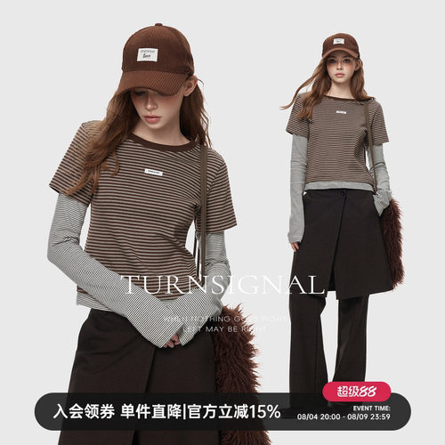 TurnSignal假两件条纹长袖T恤女