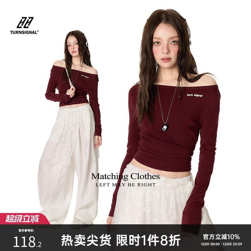 TurnSignal潮牌一字肩长袖T恤女