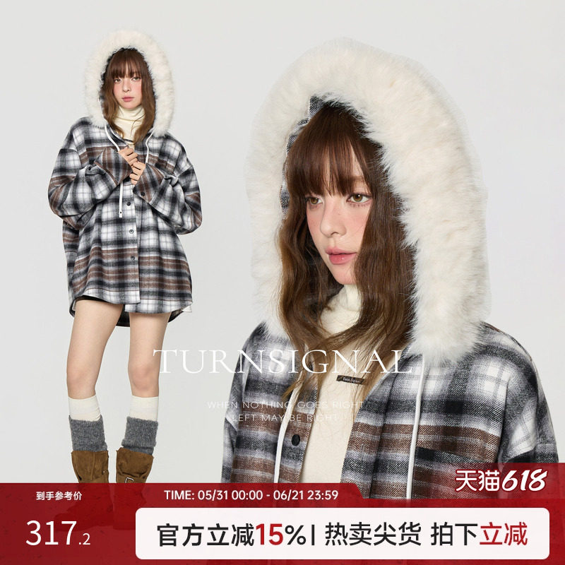 TurnSignal时尚大毛领连帽格子衬衫外套女加厚秋冬休闲宽松外套冬
