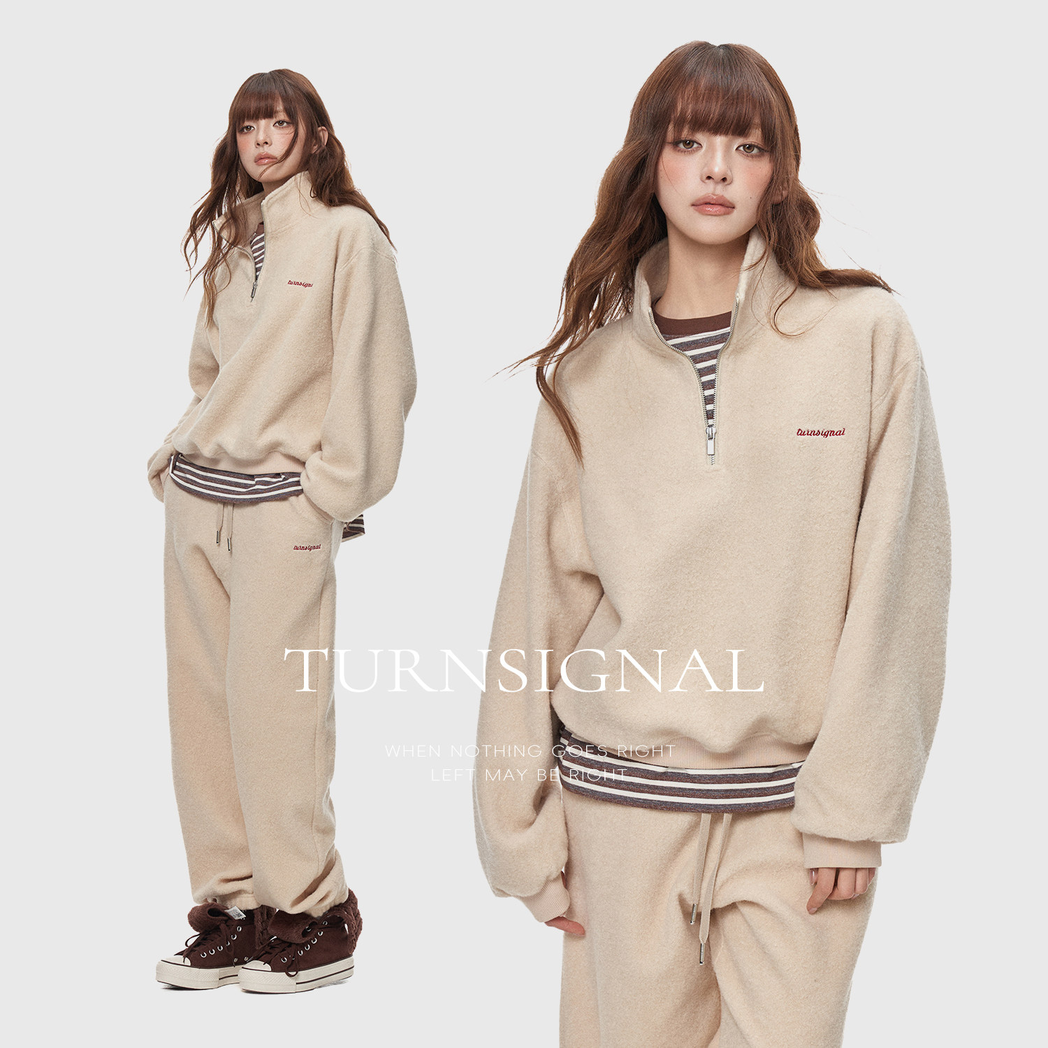 TurnSigna半拉链毛呢卫衣卫裤套装女秋冬加厚休闲宽松运动两件套