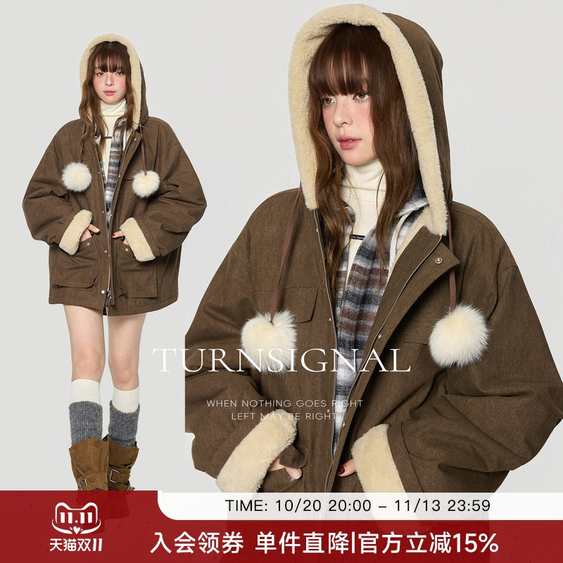 TurnSignal时尚连帽派克服外套女冬季复古中长款宽松保暖工装外套
