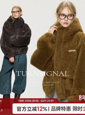 TurnSignal短款仿羊羔毛外套女连帽秋冬2025新款休闲宽松绒外套