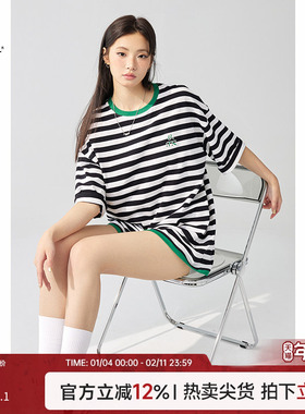 Turn Signal潮牌条纹短袖T恤女夏季2025新款宽松圆领中长款上衣夏