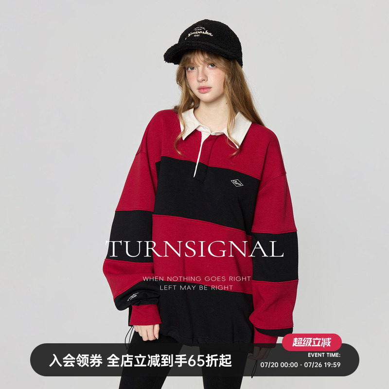 TurnSignal时尚翻领条纹拼接卫衣女加绒加厚冬休闲宽松套头polo领