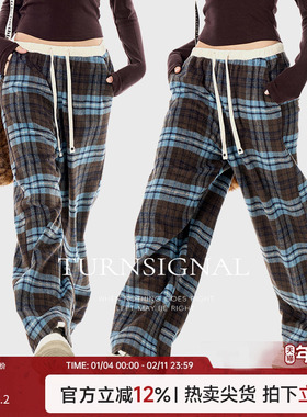 TurnSignal潮牌格子羊毛阔腿休闲裤女春秋复古宽松直筒呢子长裤子