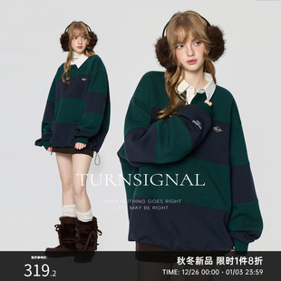 TurnSignal时尚翻领条纹拼接卫衣女加绒加厚冬休闲宽松套头polo领
