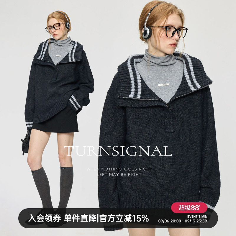 TurnSignal时尚半拉链大翻领毛衣女秋冬2025新款休闲宽松毛衣加厚