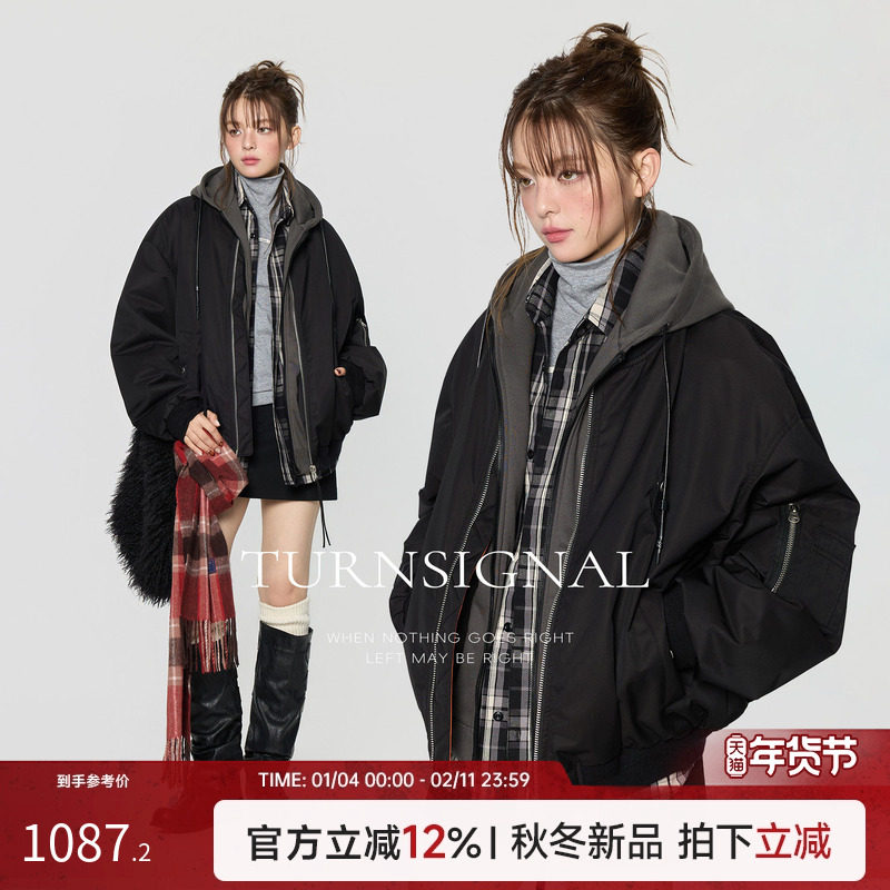 TurnSignal时尚假两件短款羽绒服女冬季2025新款连帽保暖羽绒外套,女装/女士精品,羽绒服,淘宝优惠券,粉丝福利购,淘宝优惠卷