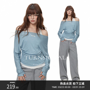 内搭上衣春秋 休闲长袖 Turn Signal假两件一字肩露肩T恤女2026新款