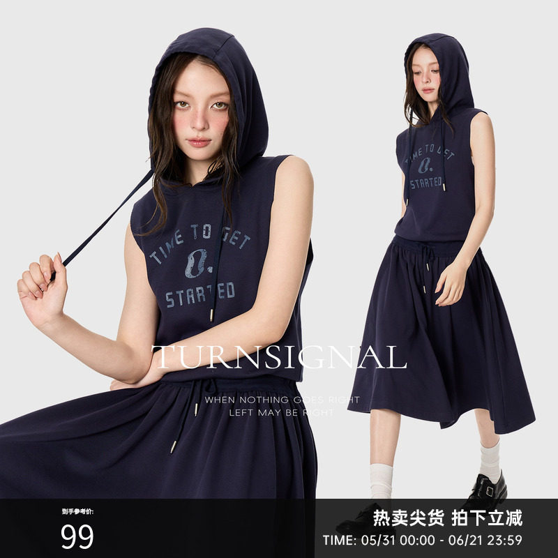 TurnSignal潮牌连帽连衣裙女夏季2026新款休闲宽松无袖T恤连身裙