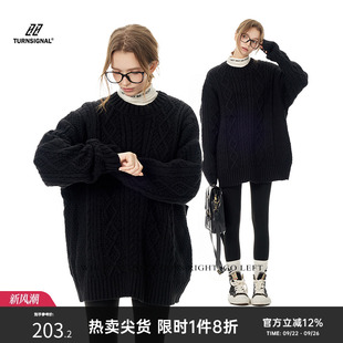 TurnSignal菱形格毛衣女秋冬2025新款 休閑寬松保暖圓領套頭針織衫